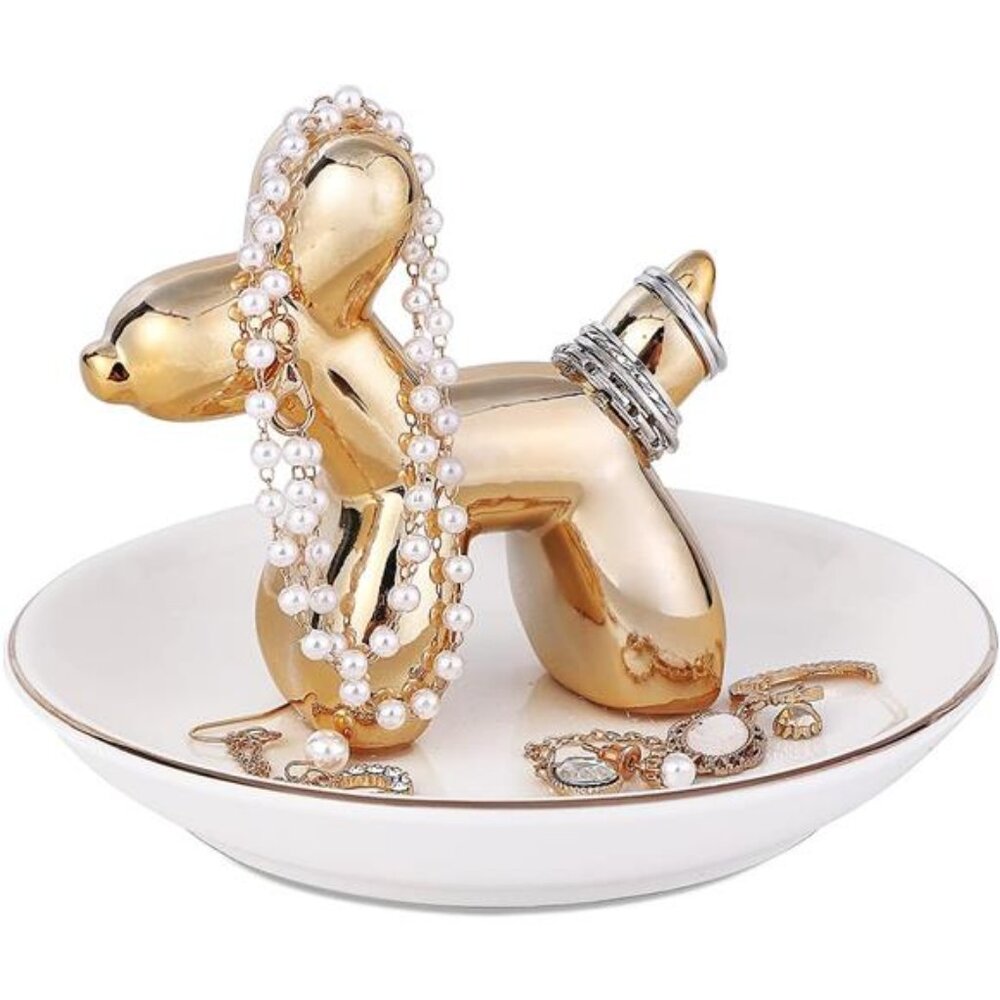 Gold Carton Dog Ring Holder Earring Trinket Dish Jewelry Tray Necklace Bracelet